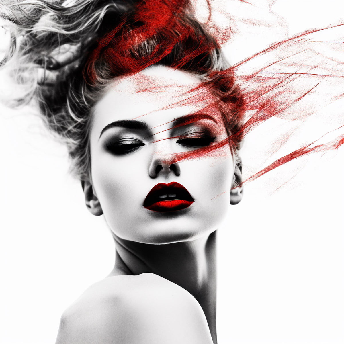 Black and white portrait of a woman with red lips decorated with artistic red stripes done by artist FemageArt