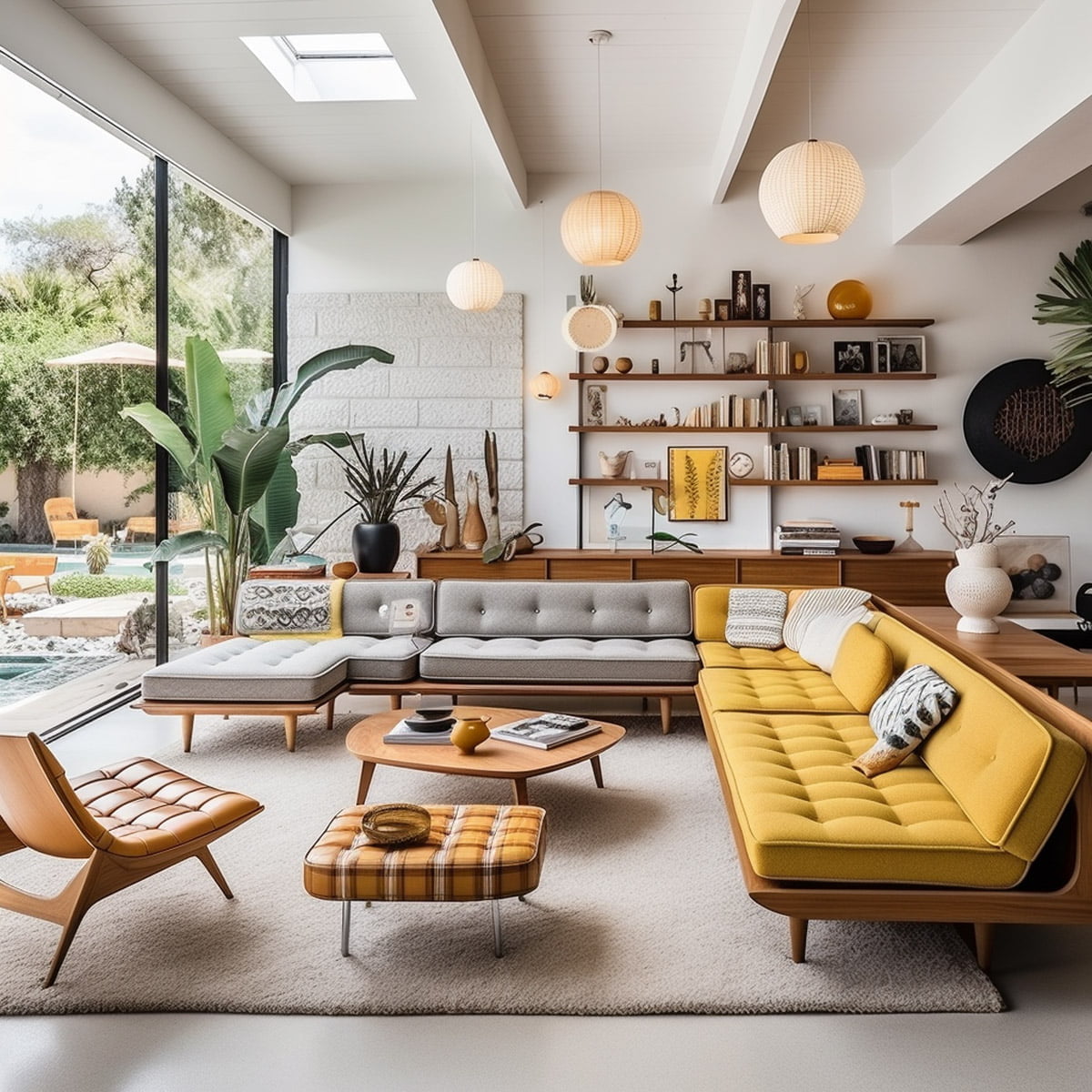 Mid Century It combines clean lines, vibrant colors, and a fusion of indoor and outdoor living. With simple silhouettes, organic shapes, and a color palette of yellow, brown, green, and orange