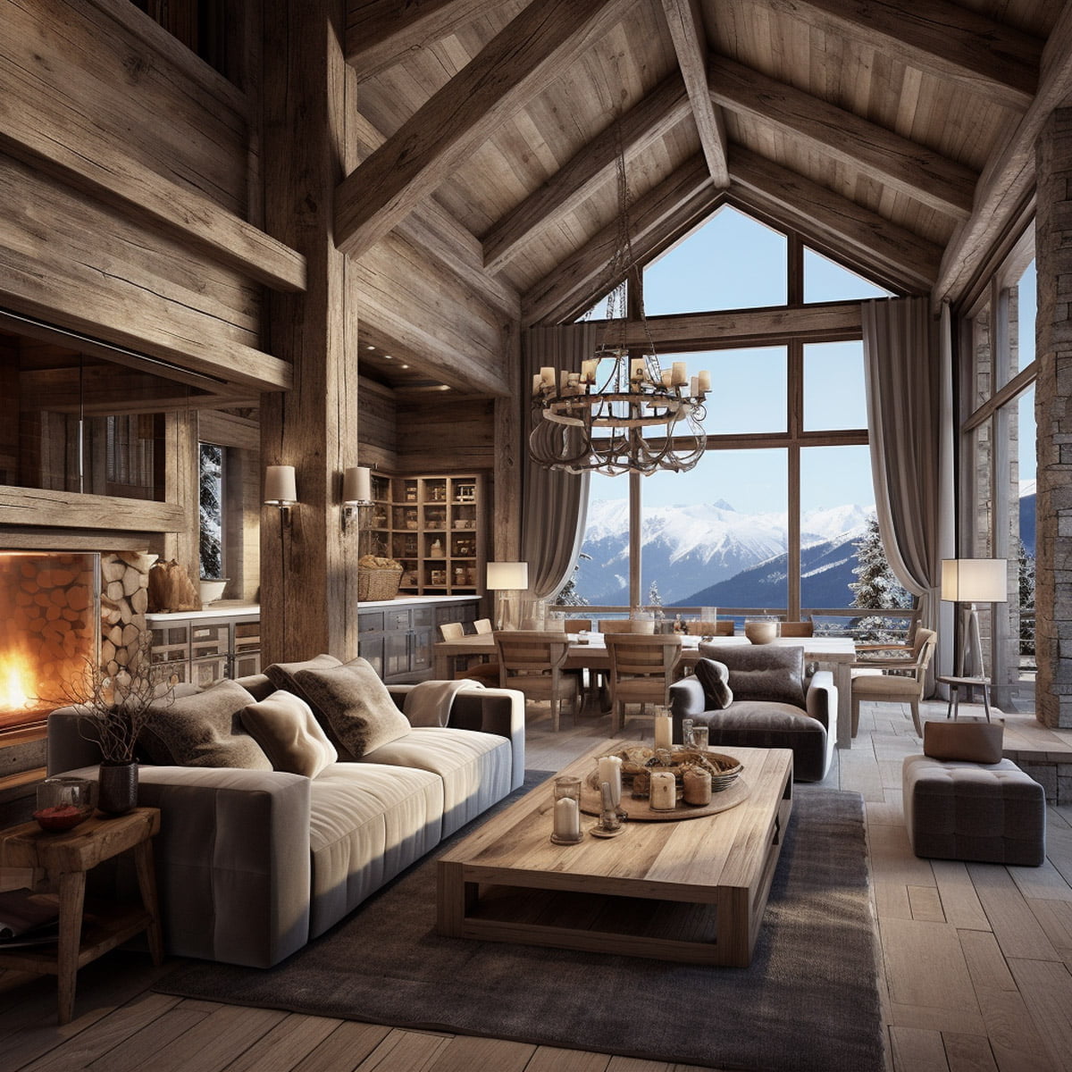 Rustic interior design emphasizes natural and weathered finishes, incorporating raw wood, leather, and stone. It draws inspiration from outdoor and industrial elements, creating a charming and cozy atmosphere.
