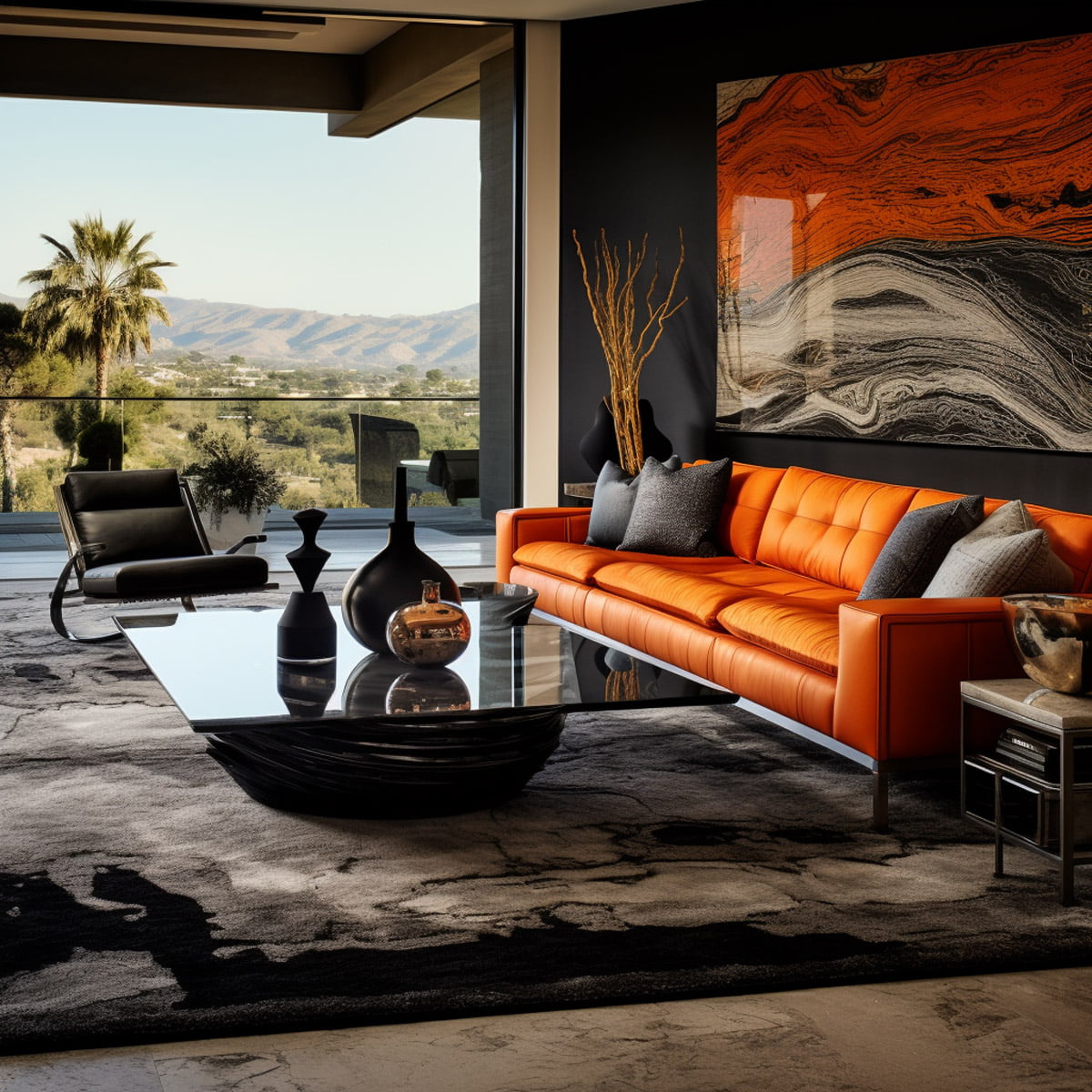 A Rancho Santa Fe stylish modern home with a metal art print in black, chrome, and orange abstract lines in a style of fluid art. Matching wool rug on the floor. Gabrielle Benot Studios design