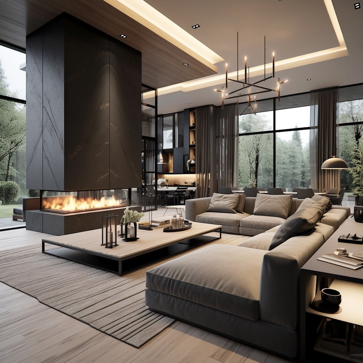 Modern . It emphasizes industrial design with pure and minimalistic forms. Clean lines, geometric patterns, and neutral color palettes are prominent features of modern design.